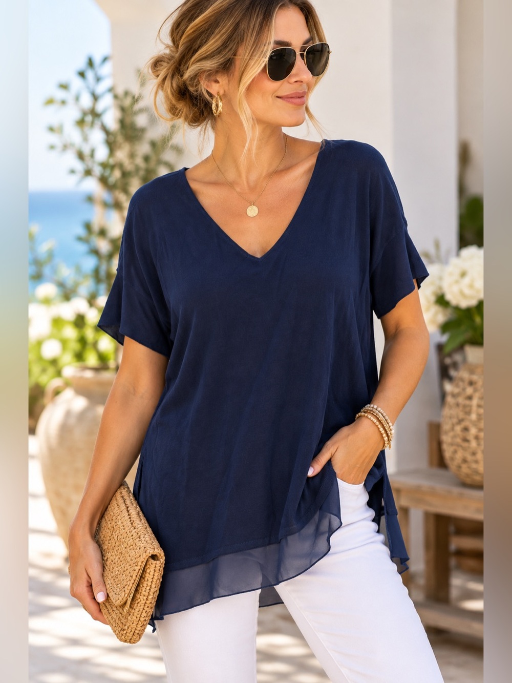 Tommy Bahama Navy Blue V-Neck Tunic Top Chiffon Hem Side Slits Size M